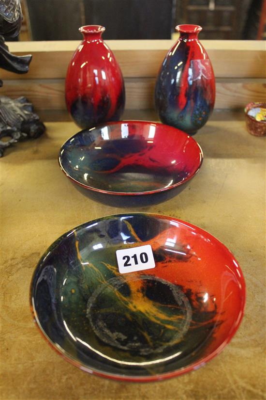 Two Royal Doulton Flambe Sung bowls and two vases, Fred Moore monogram (4)